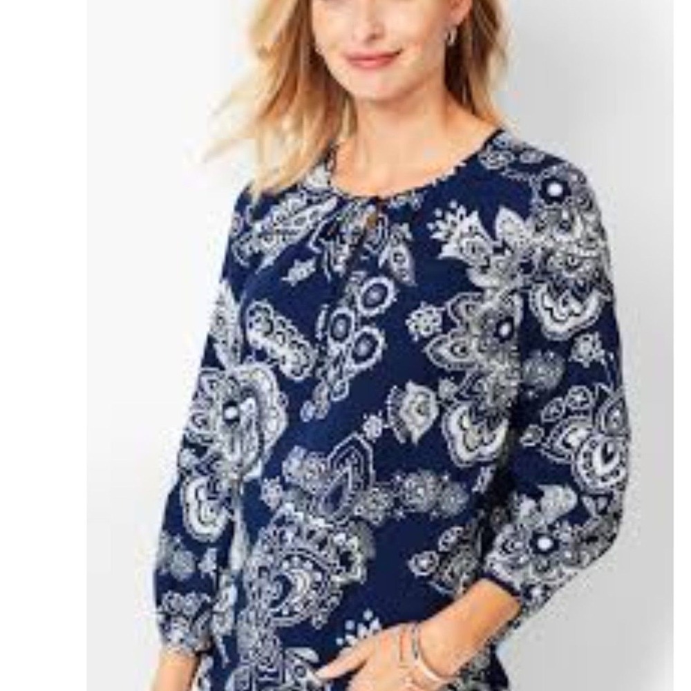 Talbots Paisley Tie-Neck Blouse Flowy Blue & White Top‎ Coastal